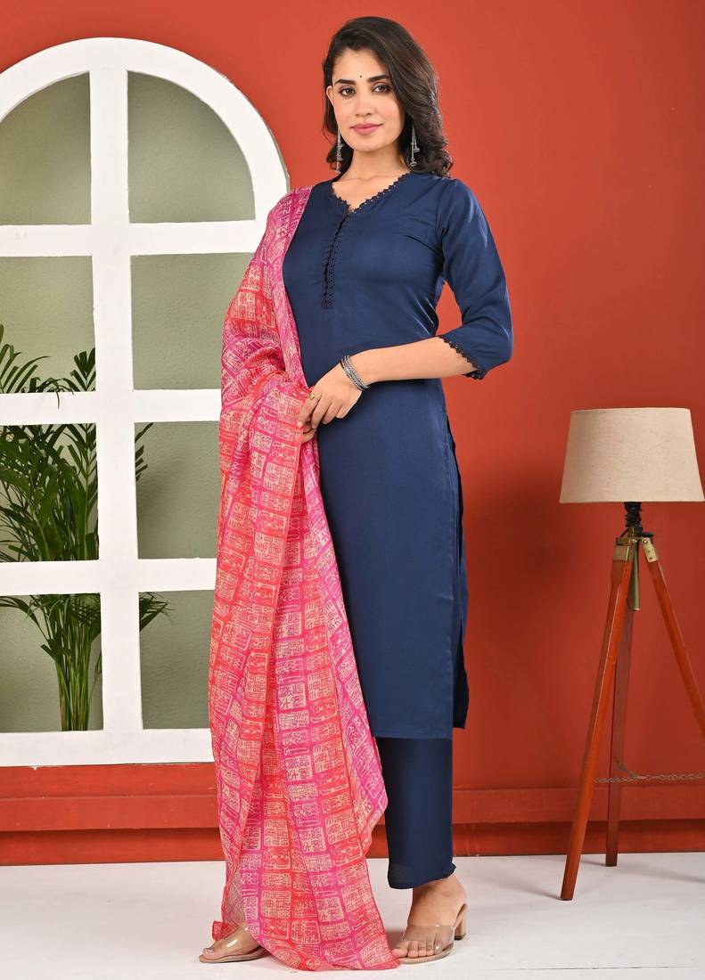 Blue solid polyester kurta set for women