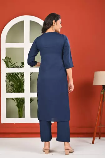 Blue solid polyester kurta set for women