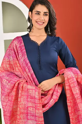 Blue solid polyester kurta set for women