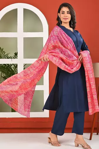 Blue solid polyester kurta set for women