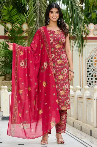Pink floral printed cotton kurta set for women