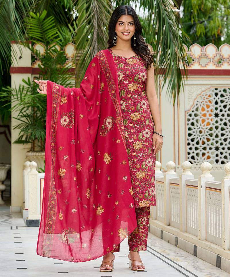 Pink floral printed pure cotton kurta set for women