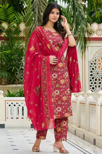 Pink floral printed cotton kurta set for women