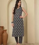 Black floral printed pure cotton kurta set for women