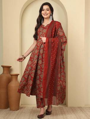 Maroon floral printed pure cotton kurta set for women 1