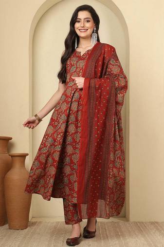 Maroon floral printed cotton kurta set for women