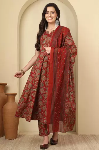 Maroon floral printed cotton kurta set for women