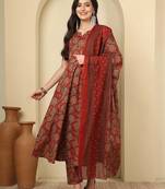 Maroon floral printed pure cotton kurta set for women