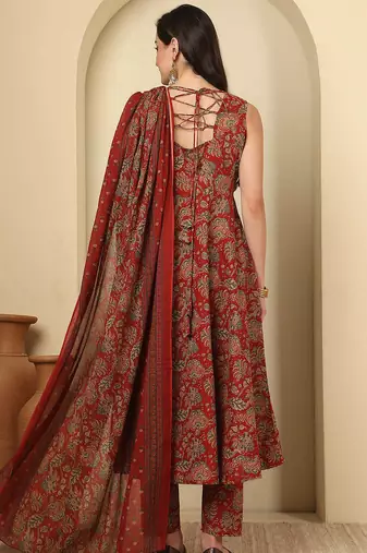 Maroon floral printed cotton kurta set for women