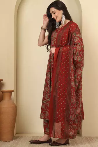 Maroon floral printed cotton kurta set for women