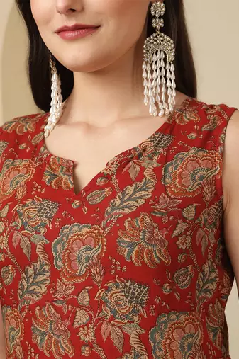 Maroon floral printed cotton kurta set for women