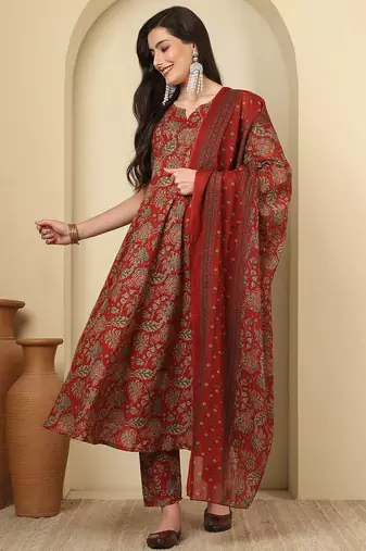 Maroon floral printed cotton kurta set for women