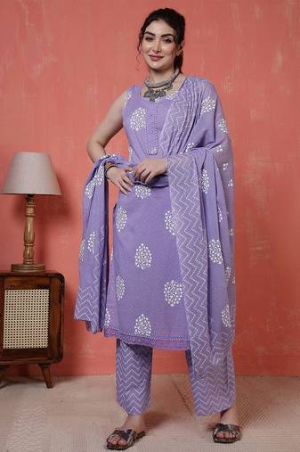 Purple floral printed cotton kurta set for women
