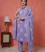Purple floral printed pure cotton kurta set for women