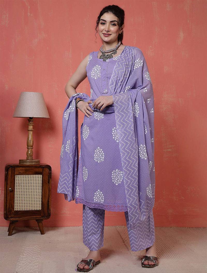 Purple floral printed pure cotton kurta set for women