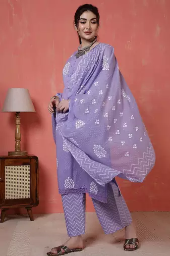 Purple floral printed cotton kurta set for women