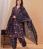 Blue floral printed pure cotton kurta set for women
