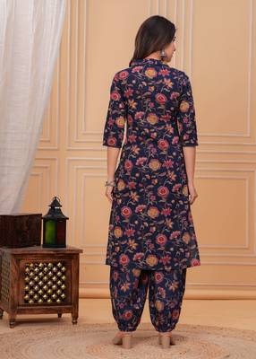 Blue floral printed pure cotton kurta set for women 2