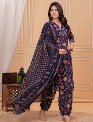 Blue floral printed pure cotton kurta set for women 3