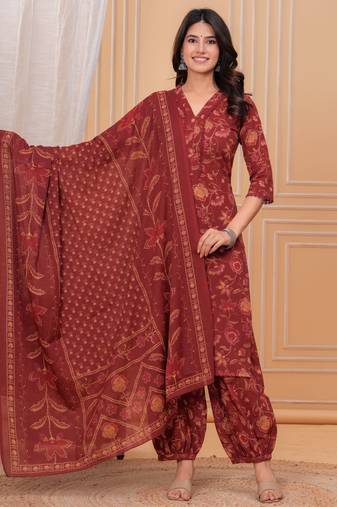 Maroon floral printed cotton kurta set for women
