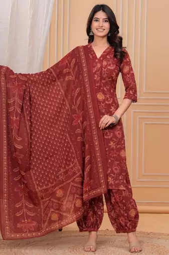 Maroon floral printed cotton kurta set for women