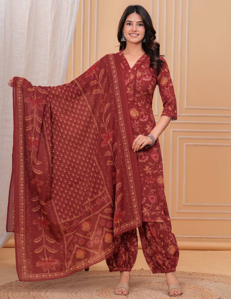 Maroon floral printed pure cotton kurta set for women