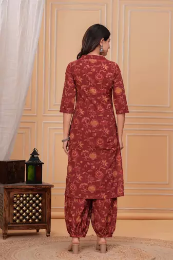 Maroon floral printed cotton kurta set for women