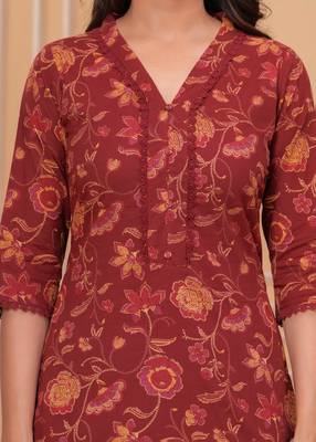 Maroon floral printed pure cotton kurta set for women 3