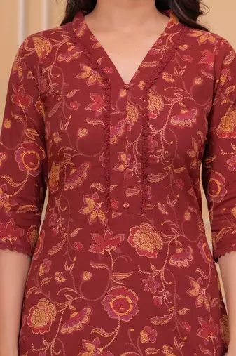 Maroon floral printed cotton kurta set for women