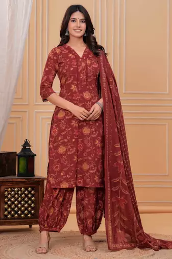 Maroon floral printed cotton kurta set for women