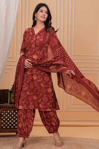 Maroon floral printed cotton kurta set for women