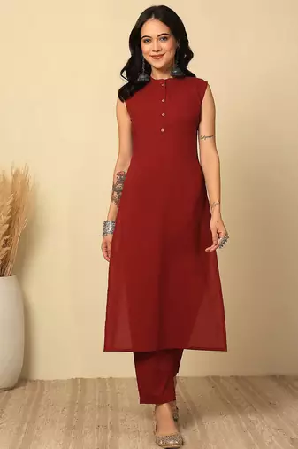 Maroon solid cotton kurta set for women