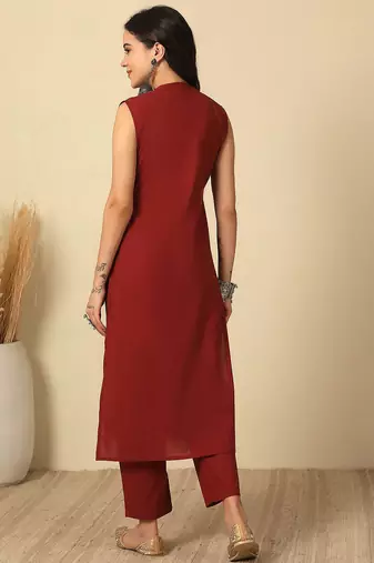 Maroon solid cotton kurta set for women