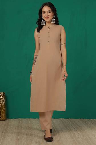Beige solid cotton kurta set for women