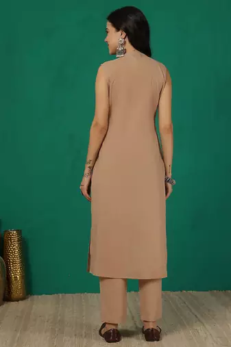 Beige solid cotton kurta set for women