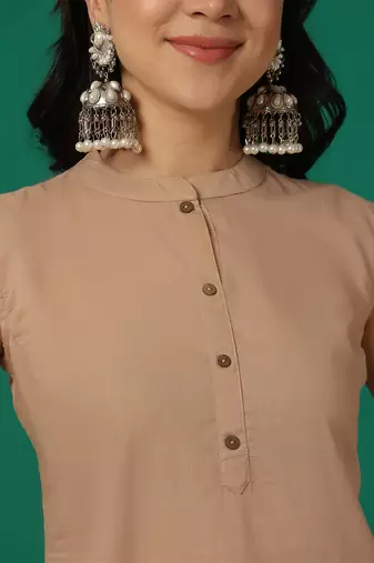 Beige solid cotton kurta set for women