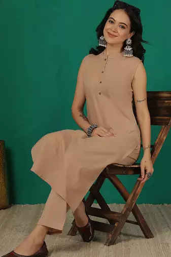 Beige solid cotton kurta set for women