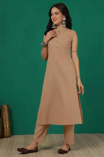 Beige solid cotton kurta set for women