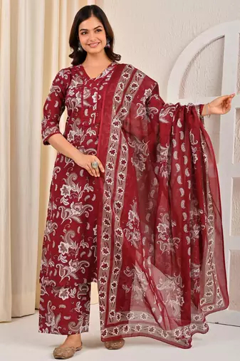 Burgundy floral printed cotton kurta set for women