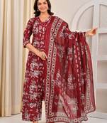 Burgundy floral printed pure cotton kurta set for women