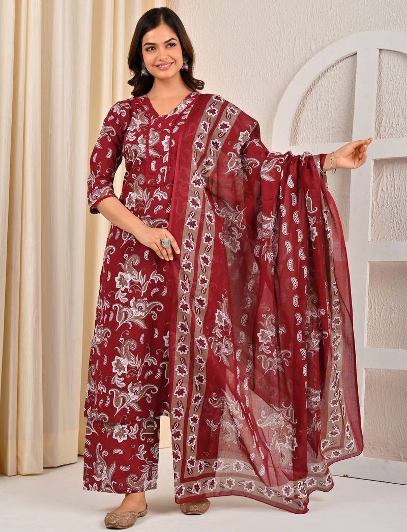 Burgundy floral printed pure cotton kurta set for women