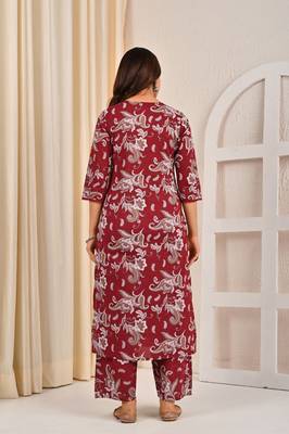 Burgundy floral printed pure cotton kurta set for women 2