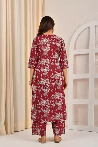 Burgundy floral printed cotton kurta set for women