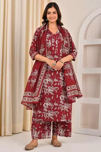 Burgundy floral printed cotton kurta set for women