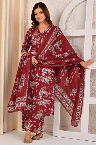 Burgundy floral printed cotton kurta set for women
