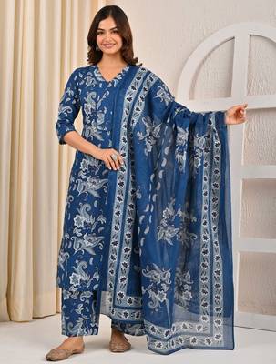 Blue floral printed pure cotton kurta set for women 1