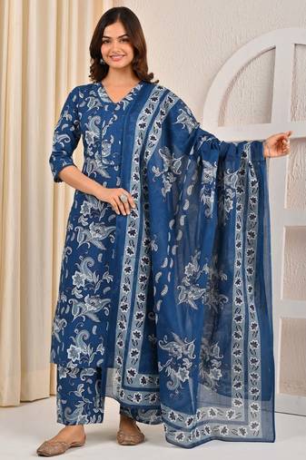 Blue floral printed pure cotton kurta set for women