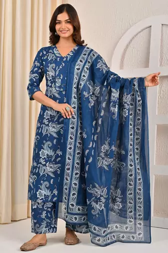 Blue floral printed cotton kurta set for women