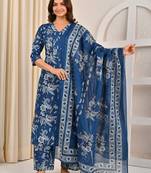 Blue floral printed pure cotton kurta set for women