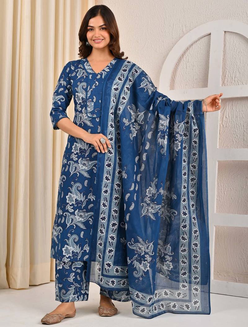 Blue floral printed pure cotton kurta set for women